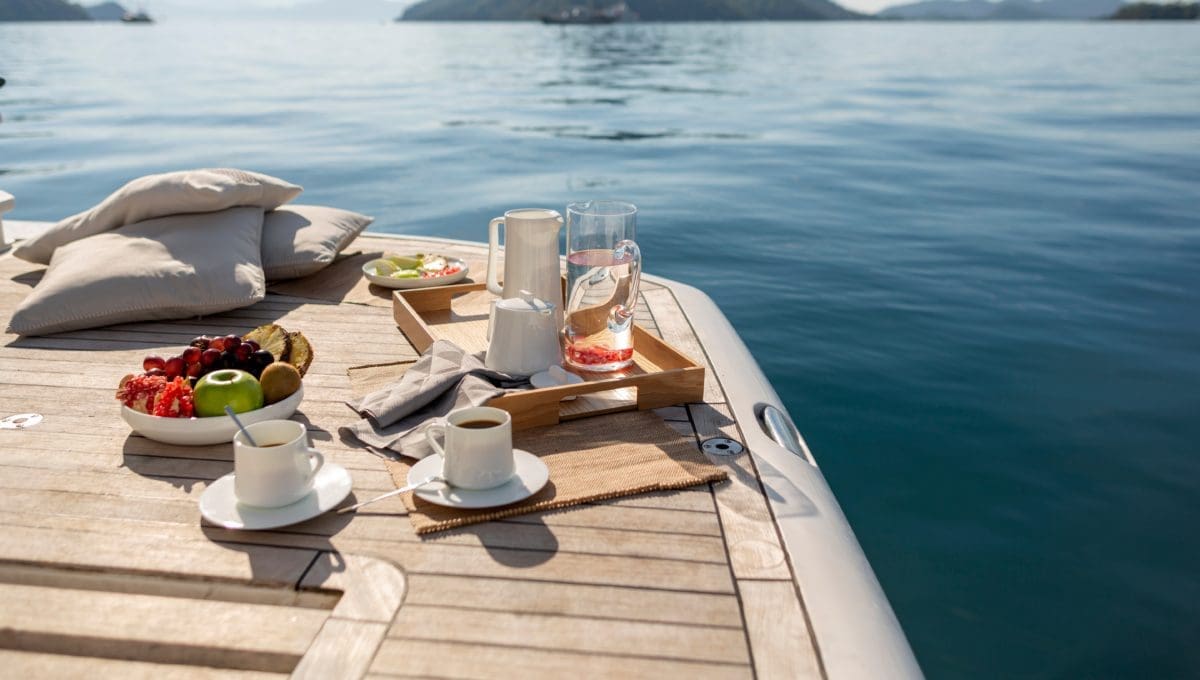 Breakfast,On,Motor,Yacht.a,Sunny,Day